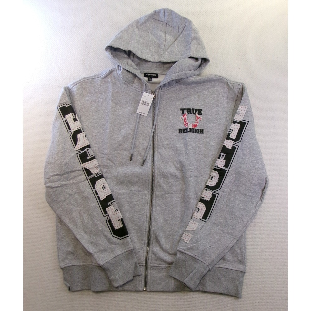 True Religion Mens‎ Large Zip Up Hoodie Gray Terry Applique Horseshoe Logo